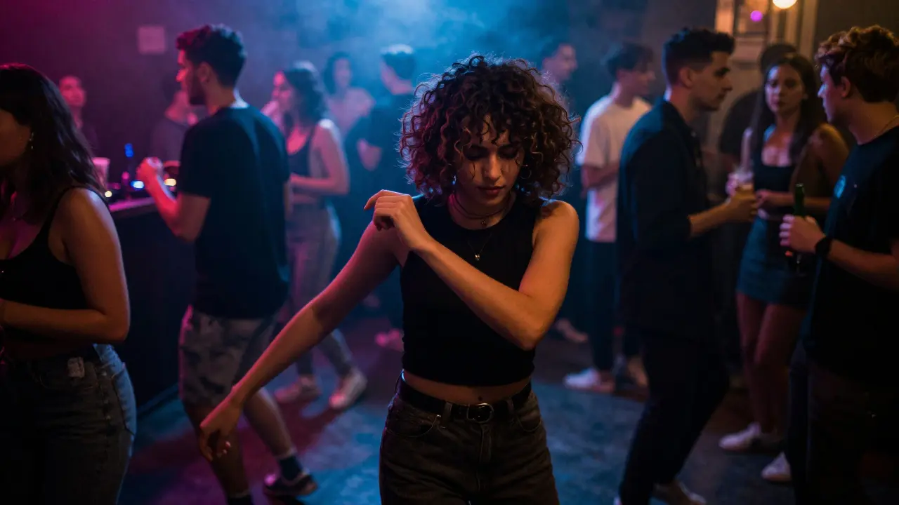 A lone dancer moving to house music in the dim, energetic glow of a Paris nightclub.