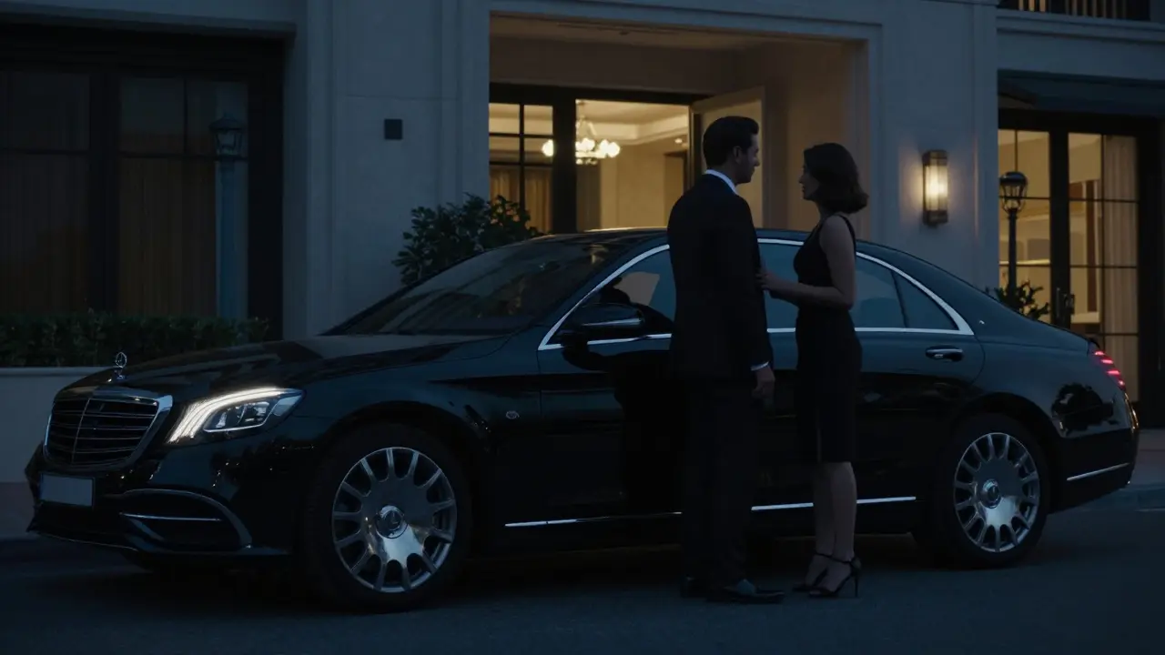 A luxury car parked discreetly outside a private residence in Jumeirah at night, doors slightly open in quiet farewell.