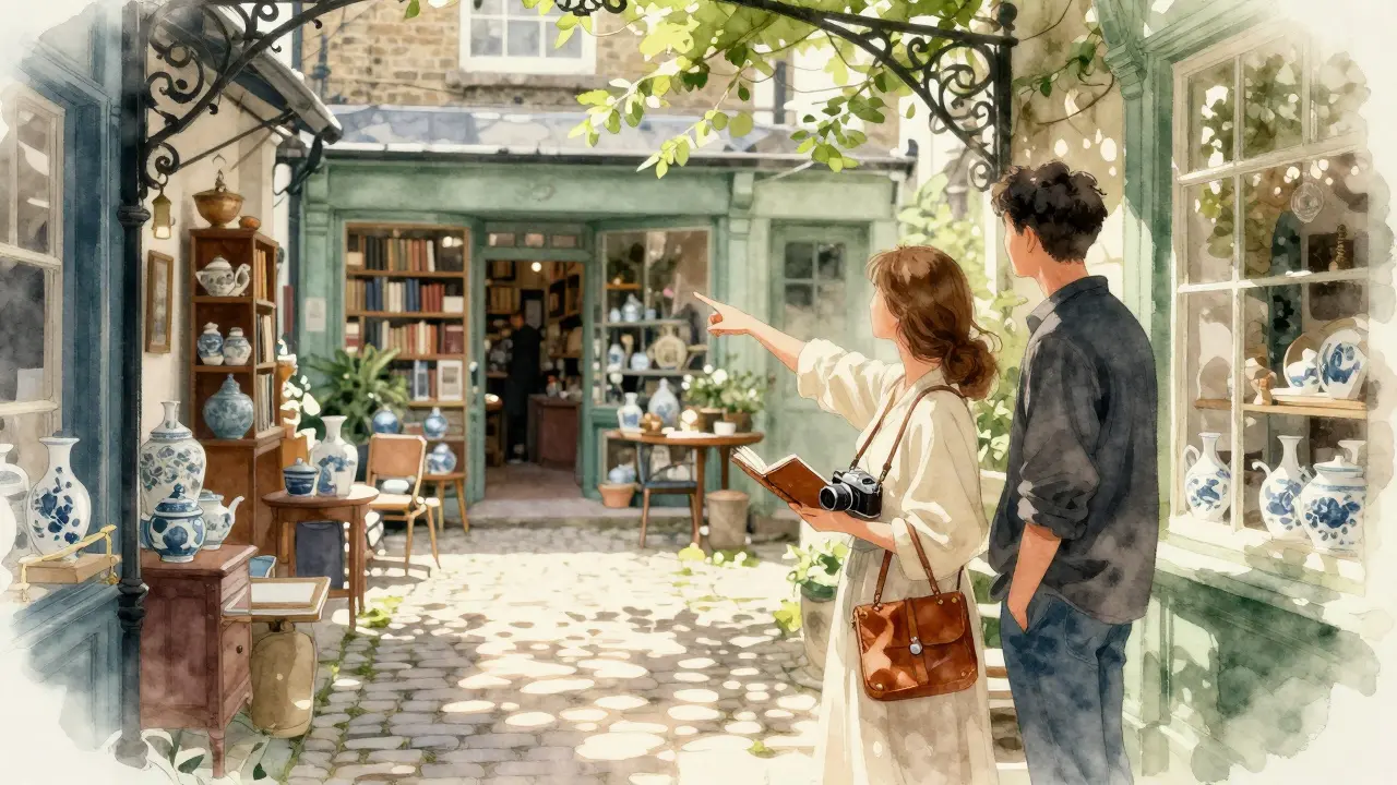A man and woman explore hidden corners of Camden Passage, pausing between antique shops in soft afternoon light.