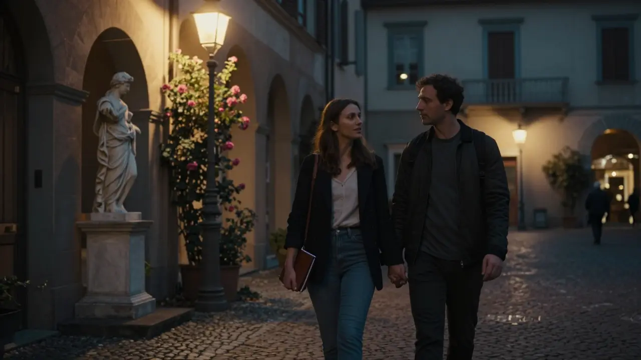 A man and woman walking hand in hand through Brera’s cobblestone streets at twilight.