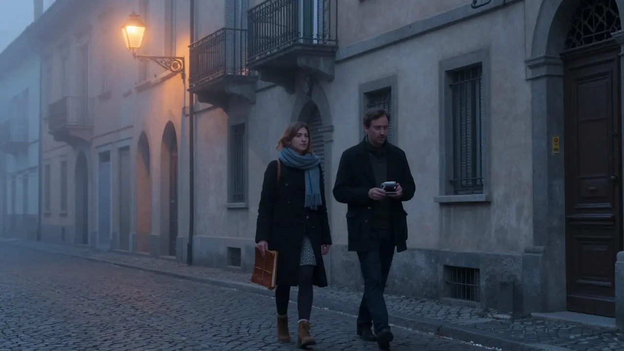 A man and woman walking peacefully through Brera district at dawn, enveloped in mist and quiet solitude.