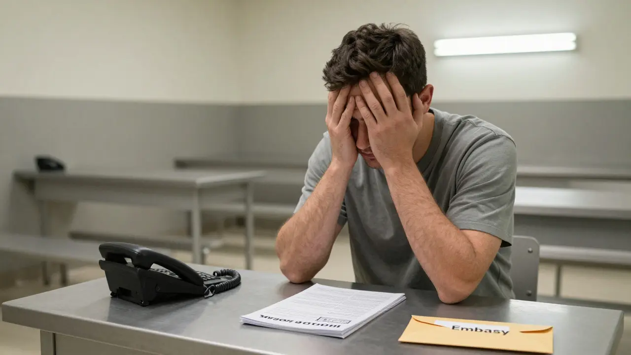 A man in a detention room facing deportation, with his banned passport on the table.