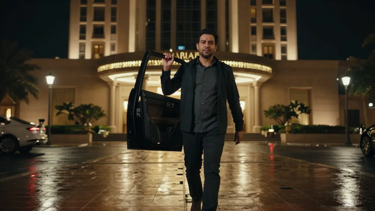 A man leaving a Dubai hotel lobby, symbolizing personal control and safe departure.