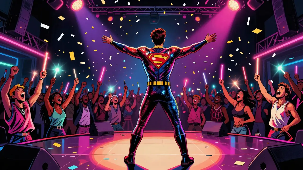 A person in a superhero costume sings under falling confetti as a glowing crowd waves glow sticks in a vibrant, neon-lit room.