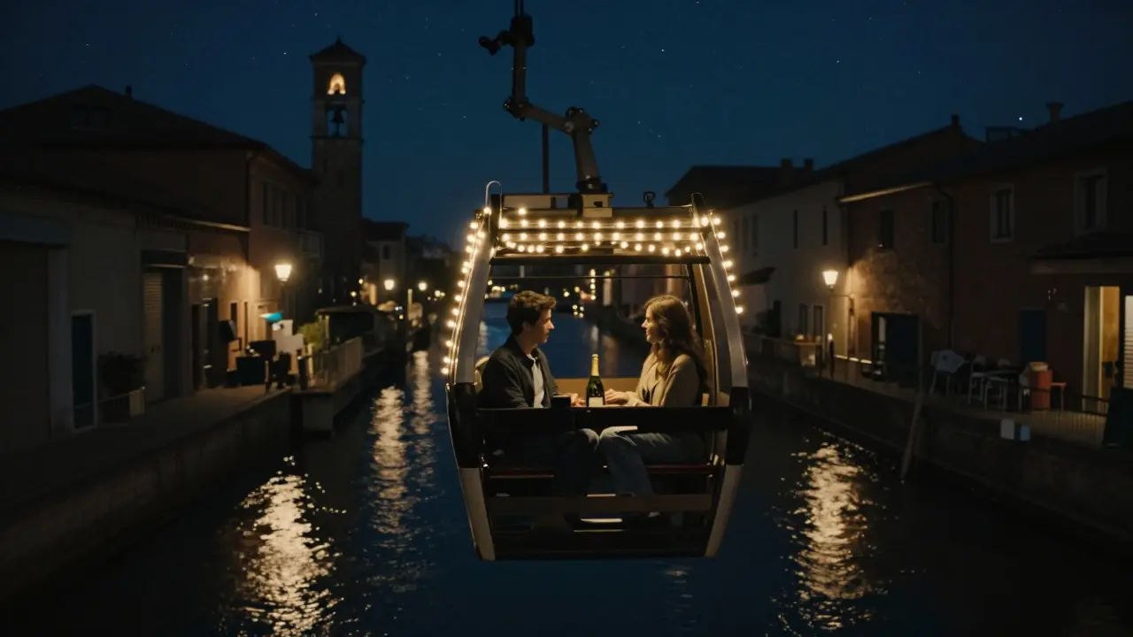 A private gondola floats along Milan's Naviglio Grande at night, lit by string lights with a couple holding hands.