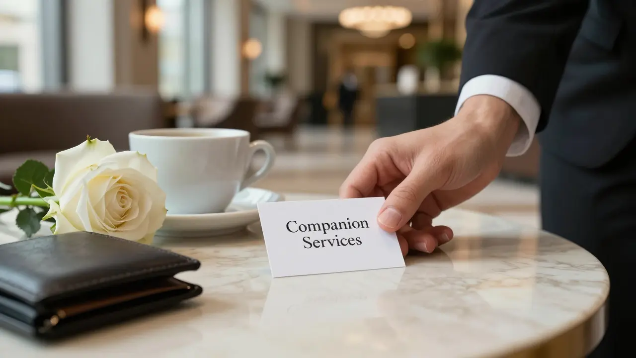 A professional escort's business card on a marble table with coffee and roses.