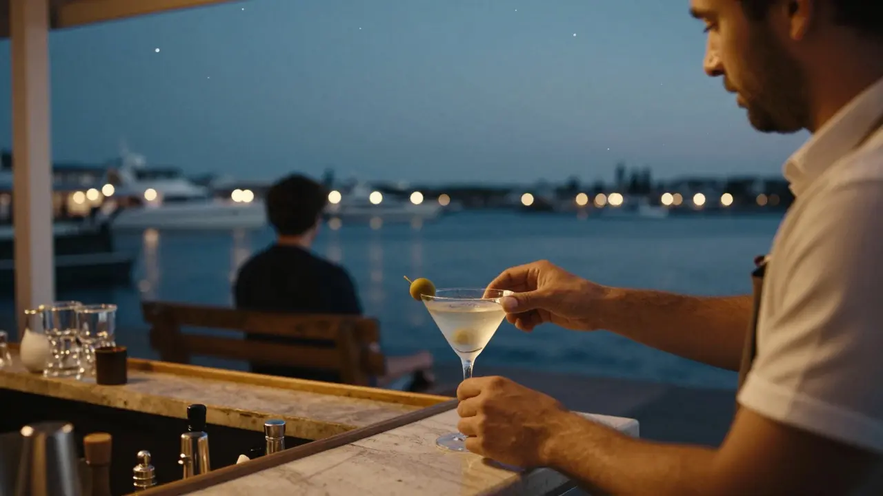 A quiet bar terrace at night with a bartender and guest overlooking the harbor, a martini on the table.