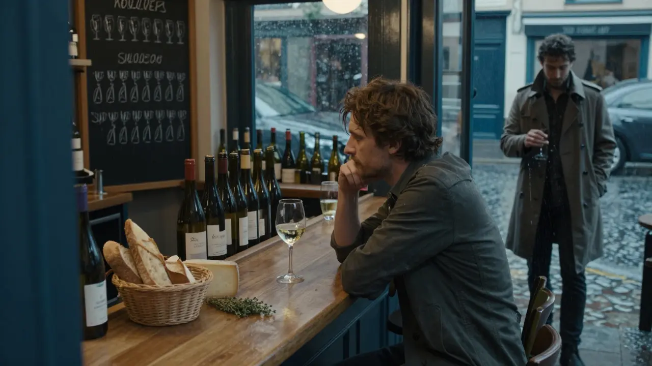 A quiet wine bar with just twelve seats, a solo traveler at the counter, and a chalkboard listing wine selections.