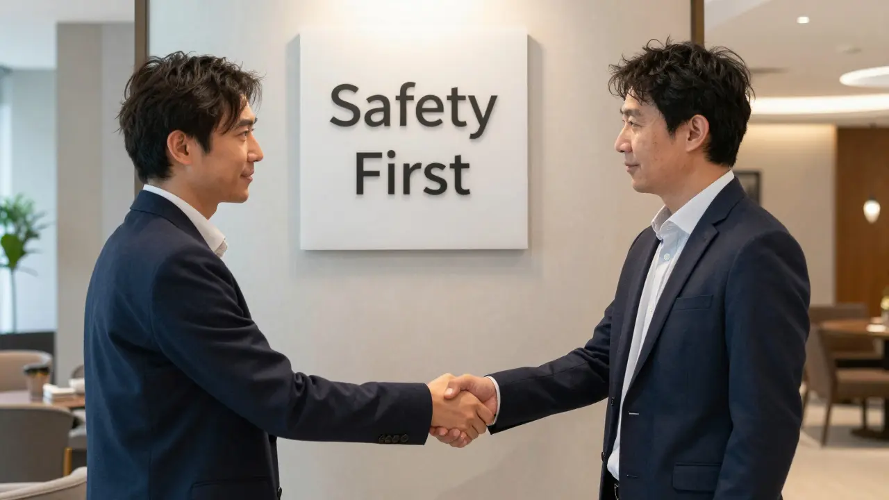 A respectful meeting in a Charlottenburg hotel lobby, emphasizing safety and transparency.