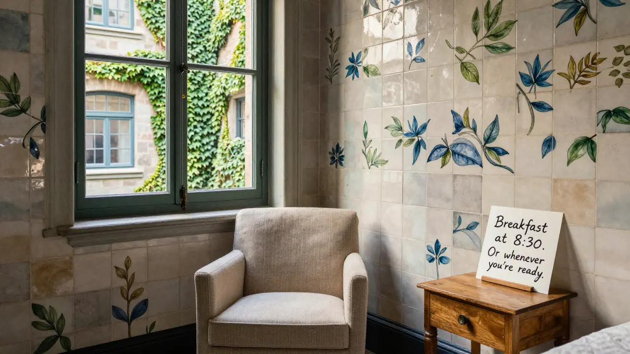 A serene courtyard inside a historic Parisian boutique hotel, with hand-painted tiles and a handwritten note on a nightstand.
