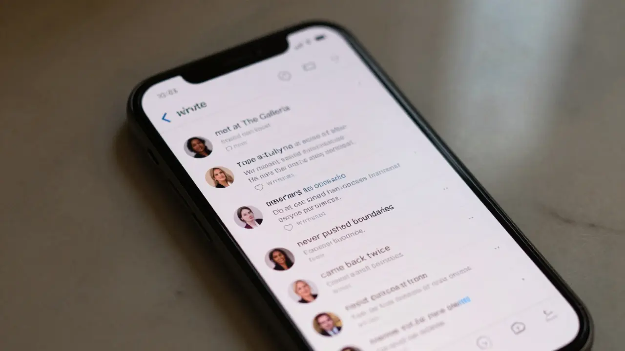 A smartphone displaying private forum testimonials about a discreet companion in Abu Dhabi.
