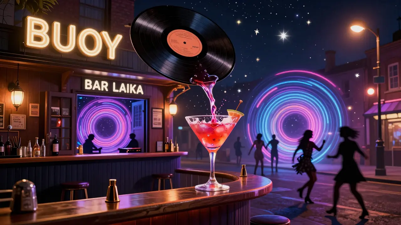 A surreal fusion of a record shop bar and underground club, with soundwaves and dancers glowing in the night.