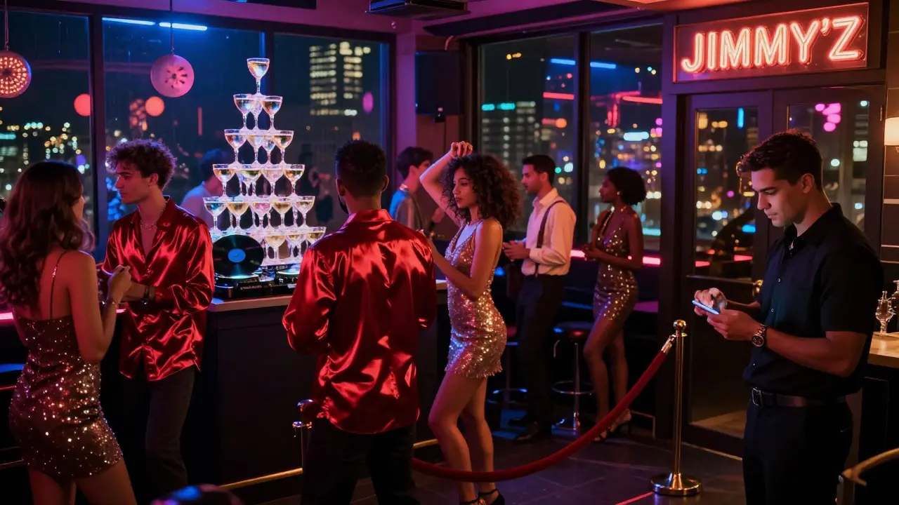 A vibrant nightclub in Monaco with dancers, champagne towers, and neon lights under a velvet rope entrance.