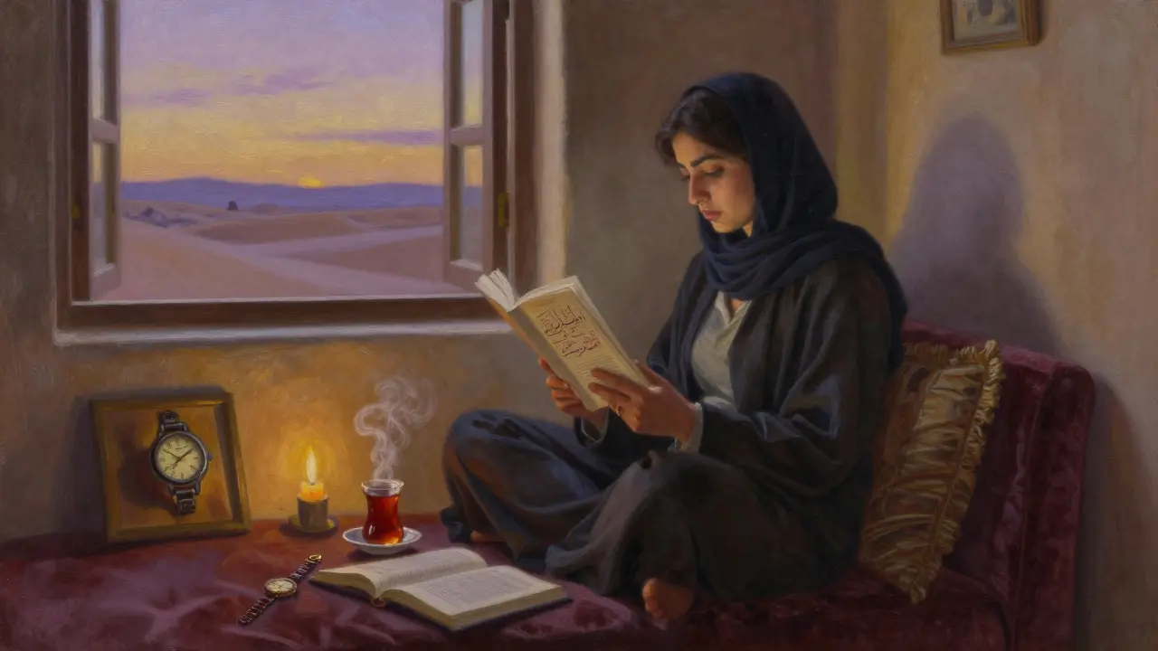 A woman reading poetry by candlelight with a vintage watch and Moroccan tea in a quiet villa at dusk.