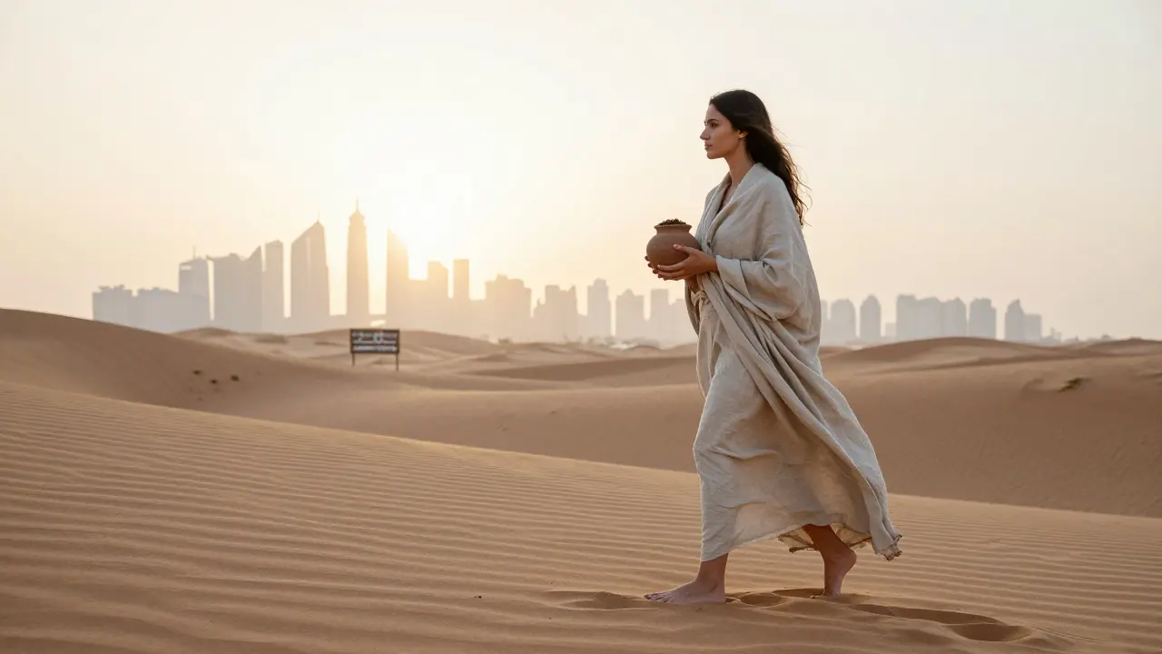 A woman walking barefoot through desert dunes at dawn, holding soil, with Abu Dhabi’s skyline faintly visible behind her.