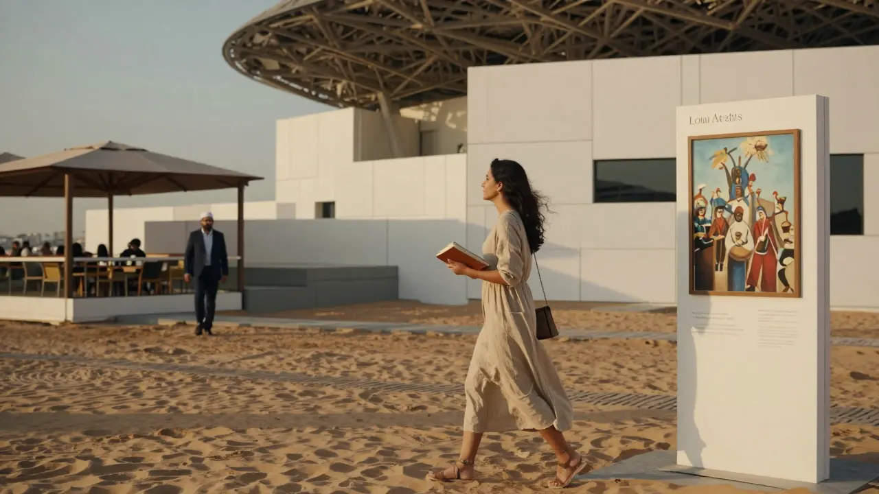 A woman walking past the Louvre Abu Dhabi at sunset, blending into the city's cultural scene.