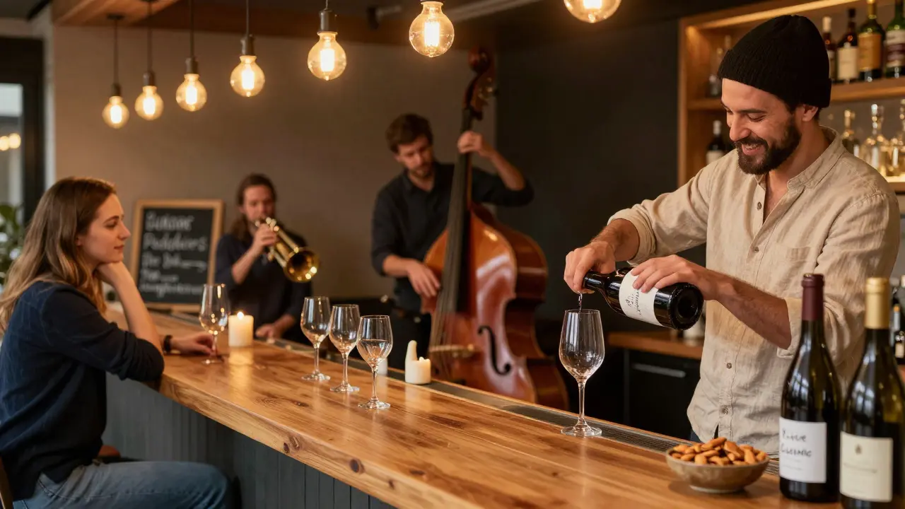A wooden wine bar with a live jazz trio playing softly, customers enjoying glasses of wine under pendant lights.