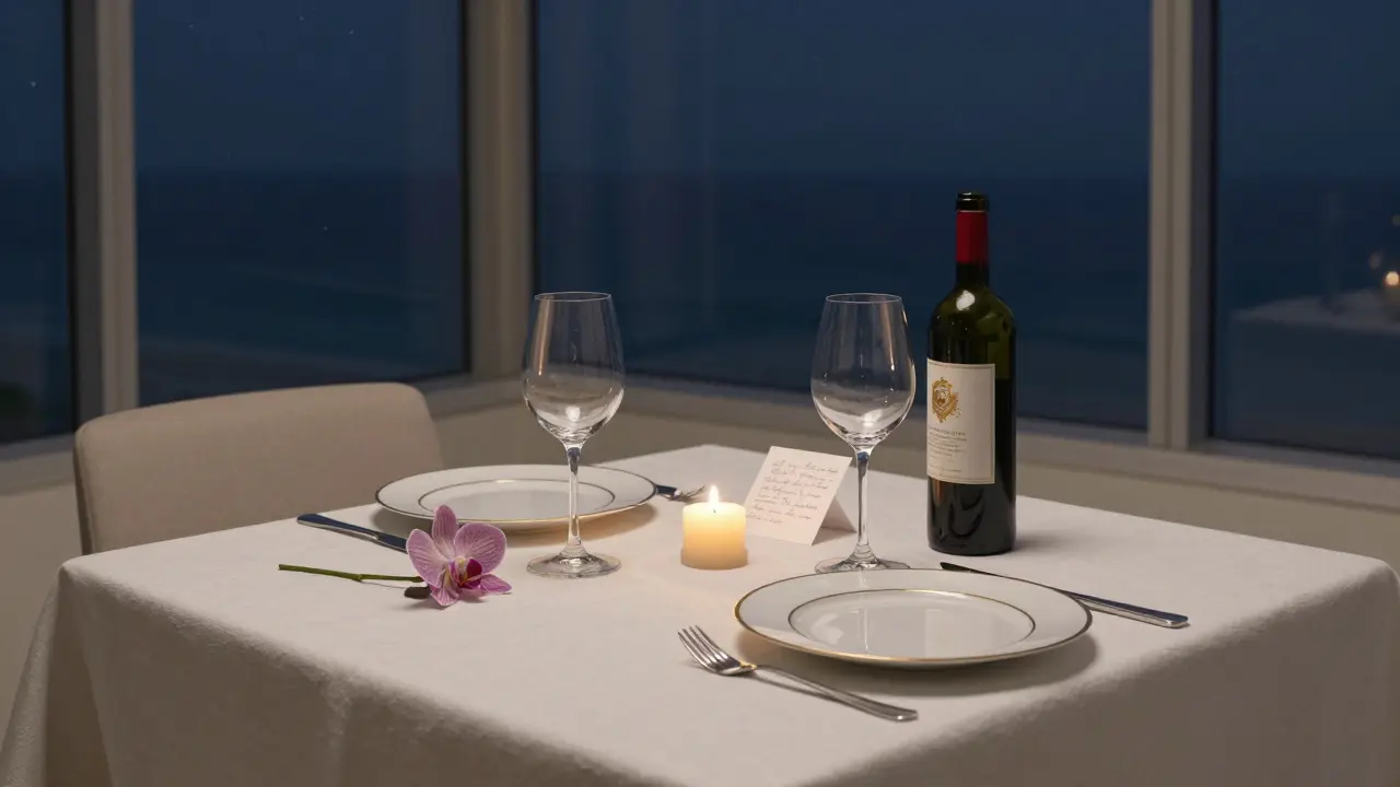 An empty, beautifully set dining table with a single orchid and handwritten note, evoking a refined, private evening in Dubai.