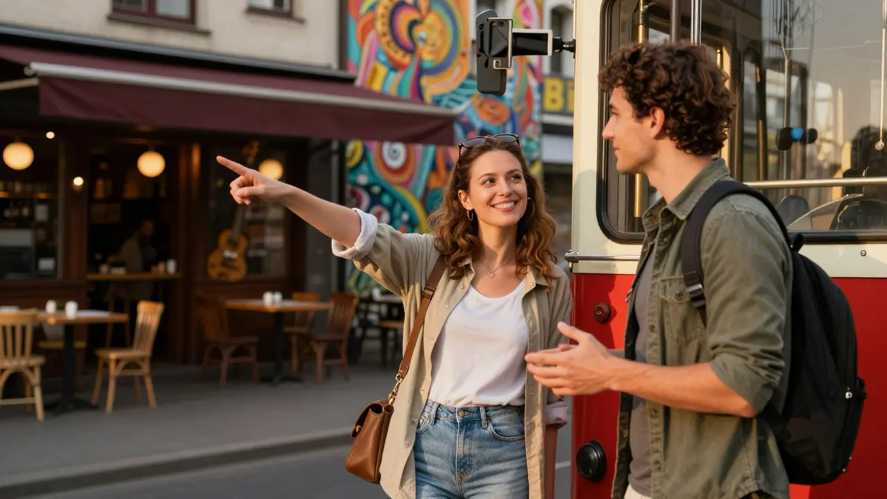 An escort in Neukölln guiding a traveler to a jazz bar, sharing a moment of cultural connection.