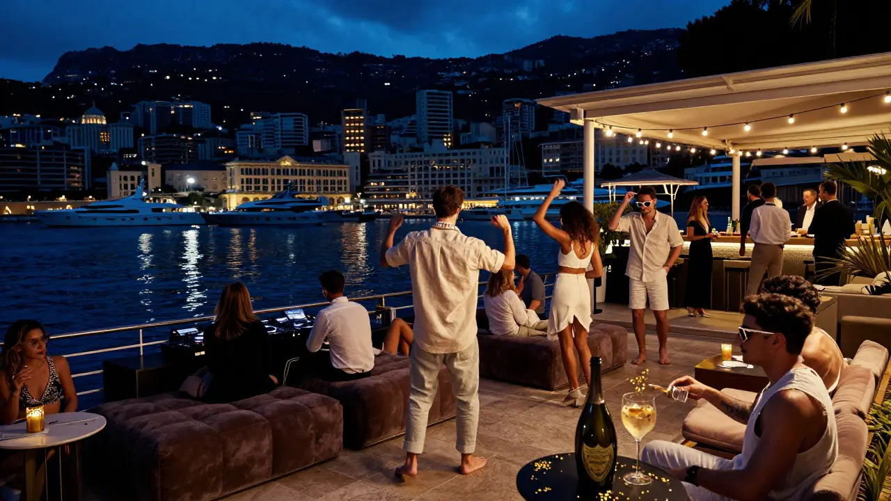 An exclusive open-air club overlooking Monaco's harbor, guests dancing under string lights with yachts in the background.