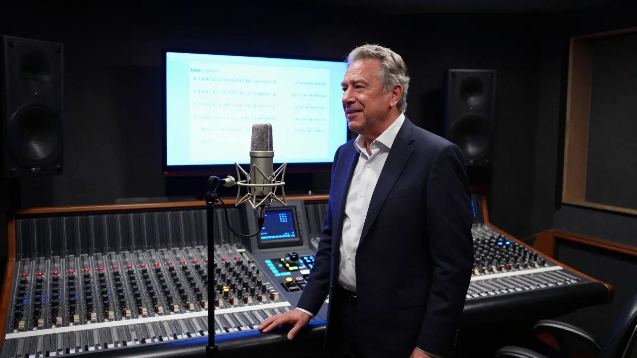An opera singer performs with precision in a soundproof booth, surrounded by professional audio equipment and glowing lyric screens.