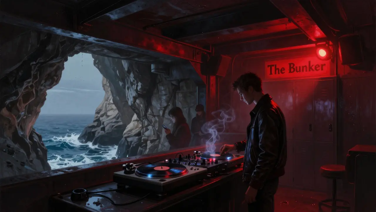 An underground club in Monaco with industrial lighting, vinyl DJs, and patrons without phones.