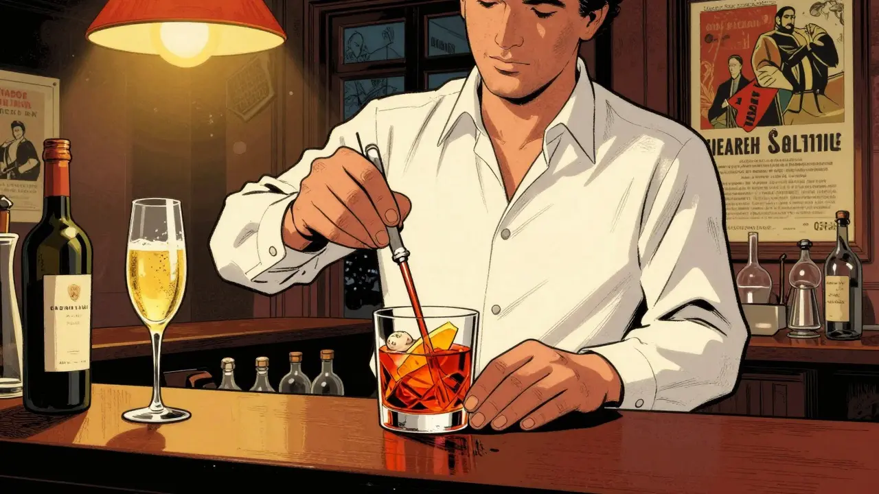 Bar Basso bartender mixing Negroni Sbagliato in historic Brera bar.