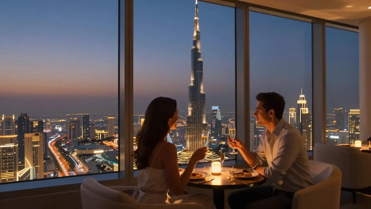 Couple enjoying champagne at Burj Khalifa's Atmosphere lounge with city skyline view