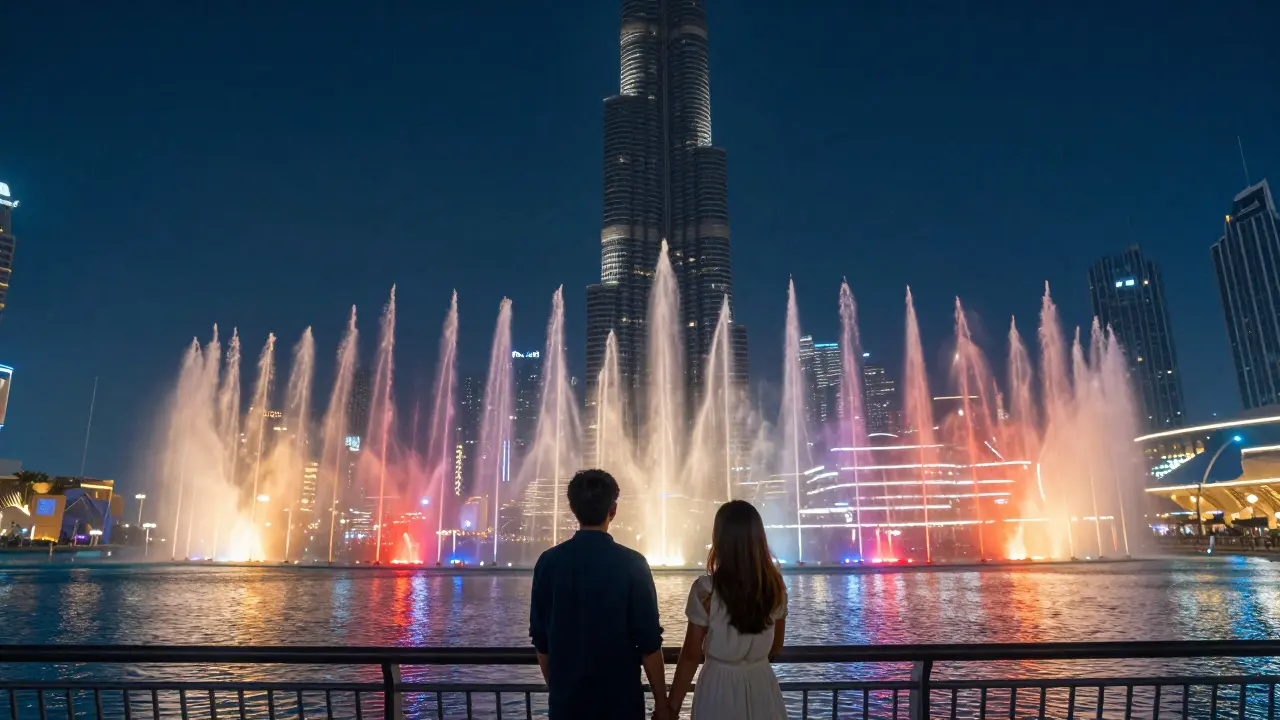 Couple watching Dubai Fountain show with Burj Khalifa in background