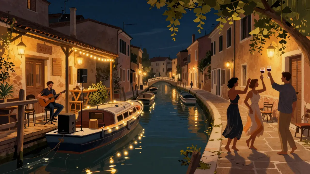 Couples dancing barefoot beside canals in Navigli at night, with boats lit by string lights and rustic wine bars lining the water.