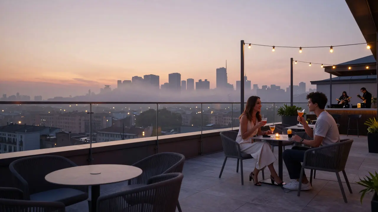 Couples enjoying cocktails on a rooftop terrace as Milan's skyline glows at sunrise.