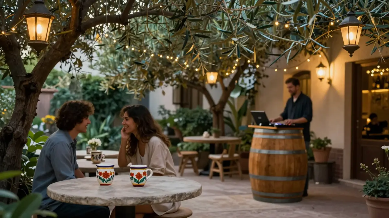 Couples under string lights in a hidden garden bar with ceramic cups and vine-covered stone arches.