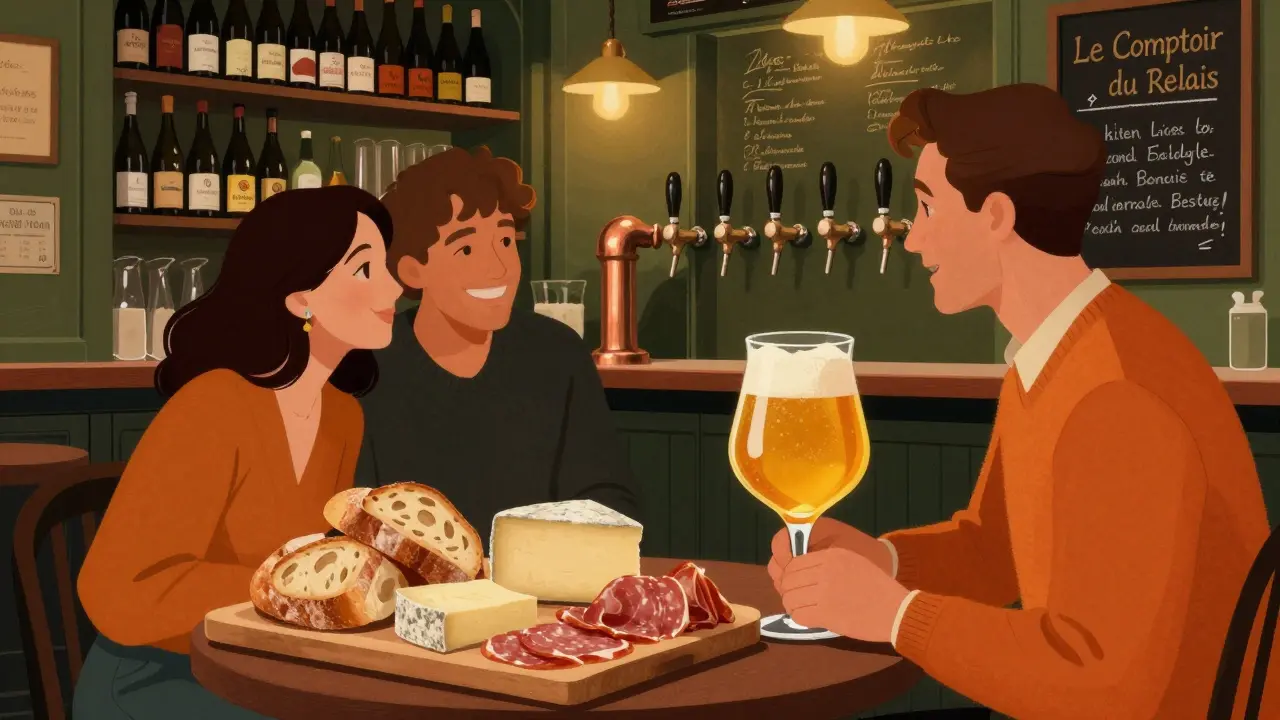 Cozy bar with candlelight, charcuterie board, and a glass of golden saison beside a chalkboard menu.