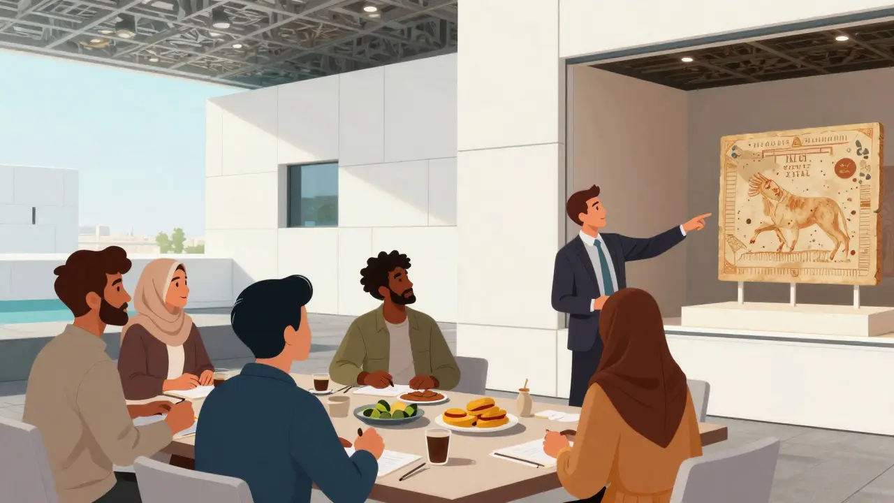 Diverse group at Louvre Abu Dhabi cultural workshop with licensed tour guide.