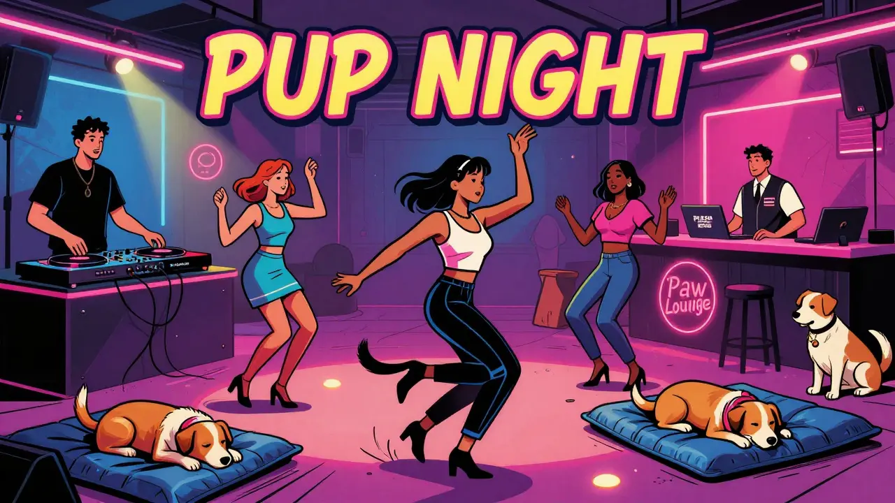 Dogs and humans dancing together at Pup Night, a pet-friendly club event with neon lights and a calm lounge area.