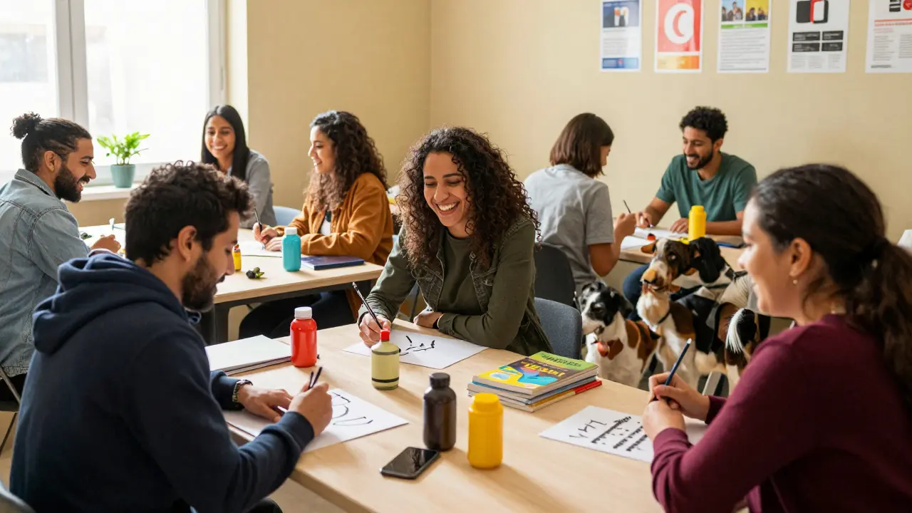 Expats engaging in community activities — painting, learning Arabic, and volunteering — in a bright, welcoming center, symbolizing safe social connections.