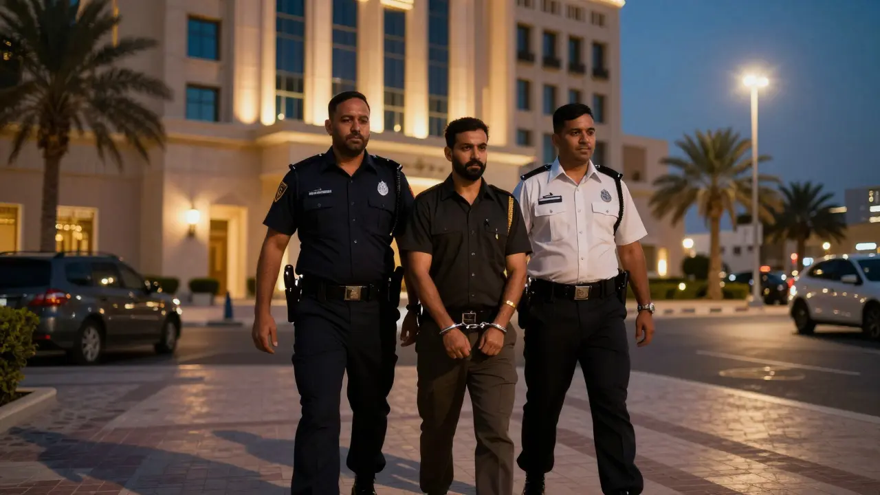 Foreign tourist detained by police in Abu Dhabi luxury hotel at dusk.