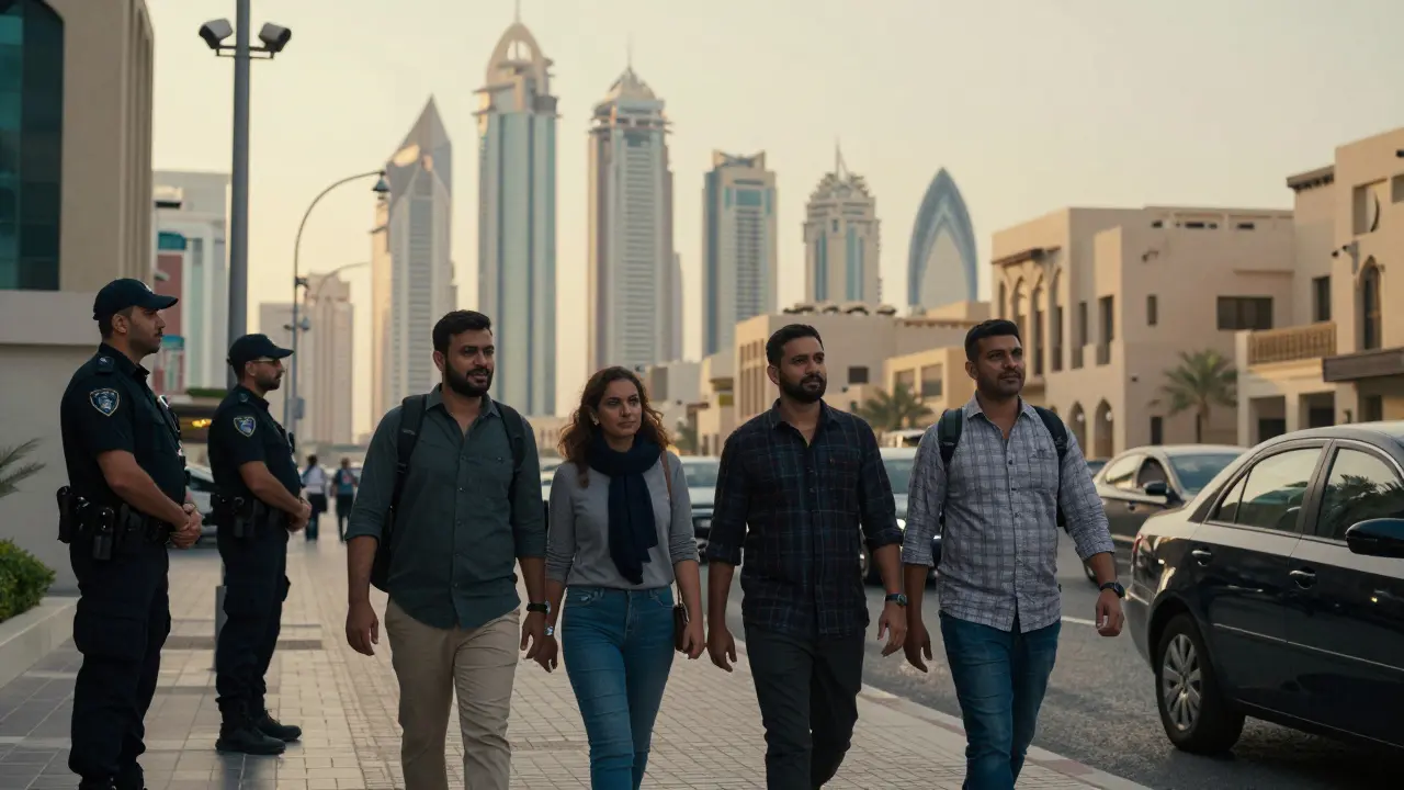 Foreign tourists walking through Abu Dhabi's cityscape, unknowingly monitored by undercover officers.