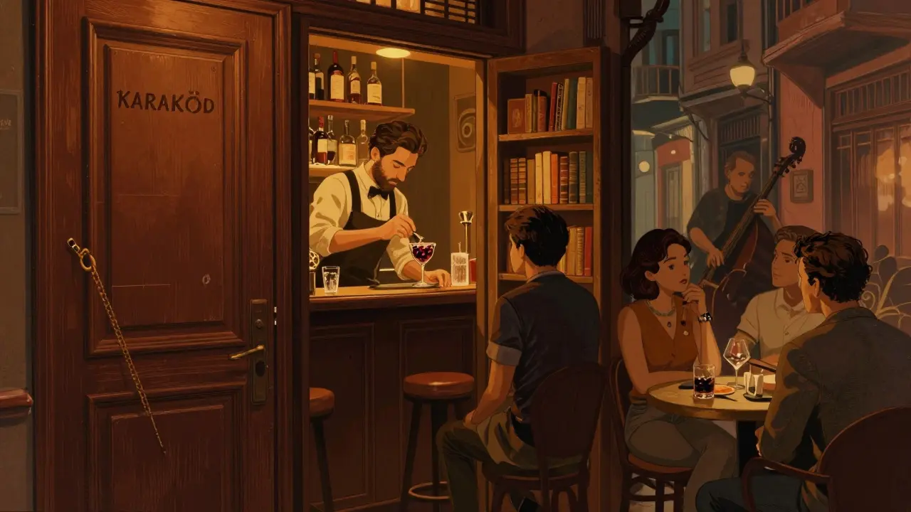 Hidden speakeasy in Karaköy with bartender mixing Turkish-inspired cocktails in warm, dim lighting.