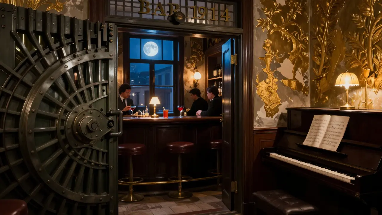 Interior of Bar 1914 with vault doors, patrons sipping cocktails, and antique gold walls glowing under dim lamplight.