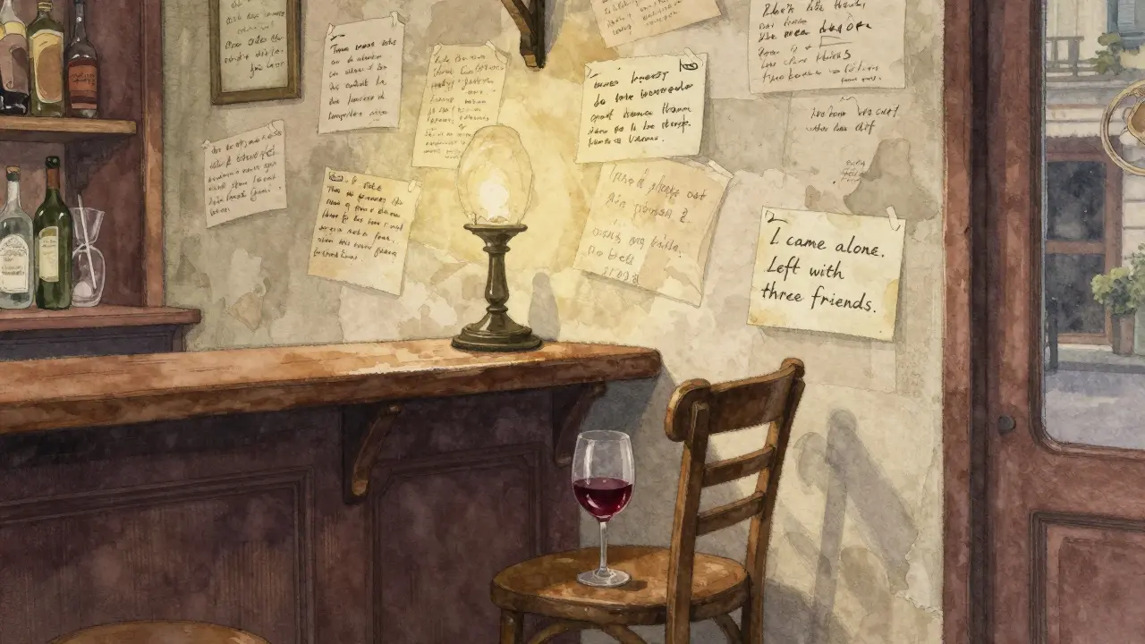 Interior of Bar des Poètes with walls covered in handwritten notes and a single glass of wine.