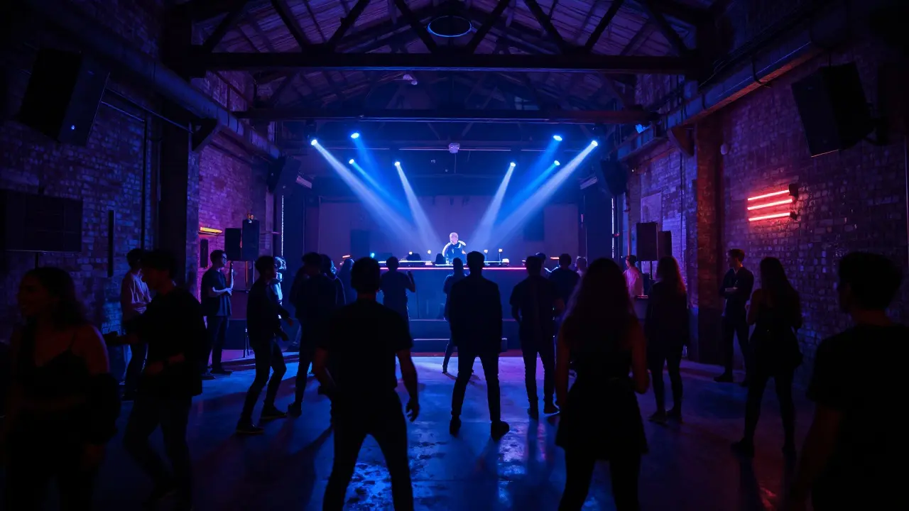 Magazzini Generali nightclub with strobe lights and dancing crowd.