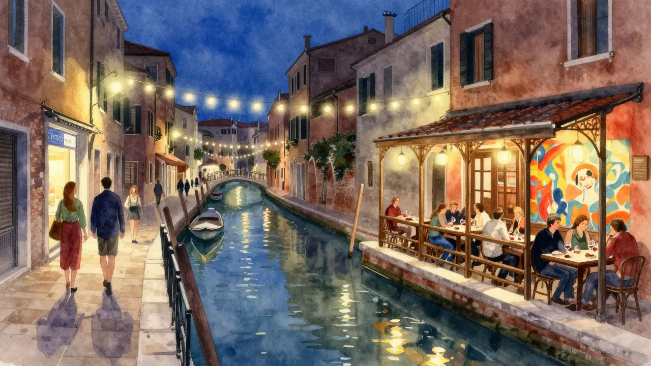 Navigli district canals at night with string lights and wine drinkers