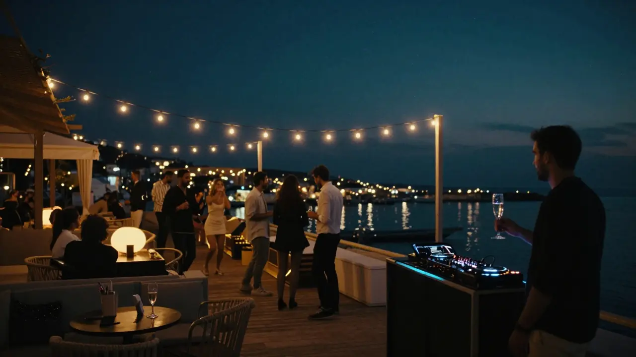 Open-air club at night above Monaco's harbor with dancers, string lights, and glowing sea views under a starry sky.