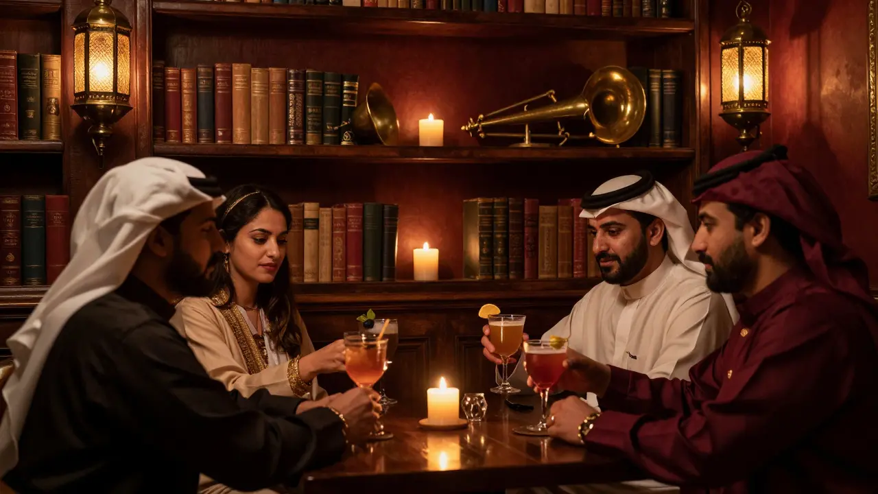 Patrons sipping cocktails in a hidden speakeasy behind a bookshelf, lit by warm lanterns and vintage decor.