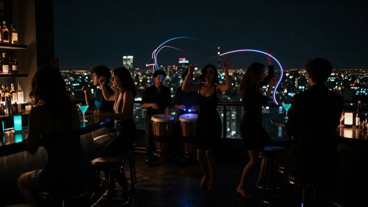 People dancing in complete darkness on a rooftop, illuminated only by glow-in-the-dark drinks and ambient light.