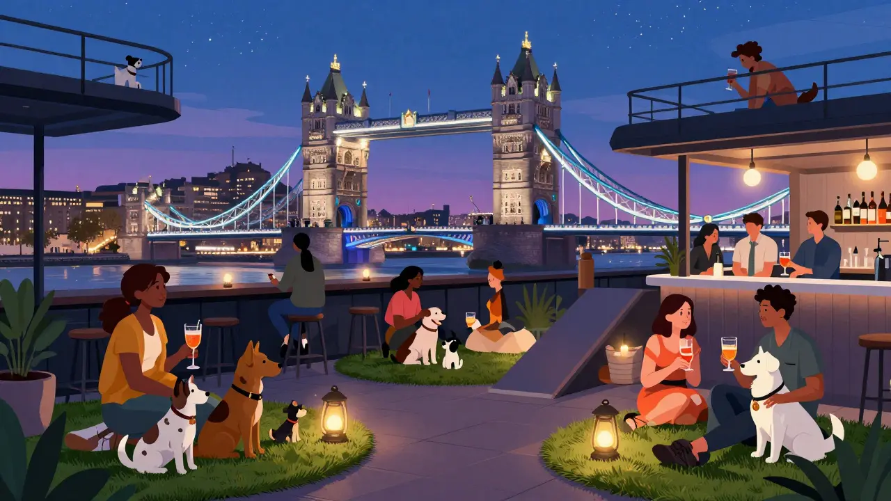 Pet owners enjoying rooftop drinks with their dogs at The Sky Paws, overlooking London's skyline at twilight.