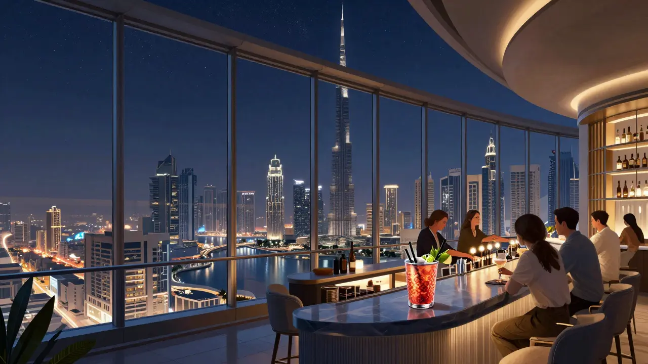 Rooftop bar with panoramic Dubai skyline views and guests enjoying cocktails at night.