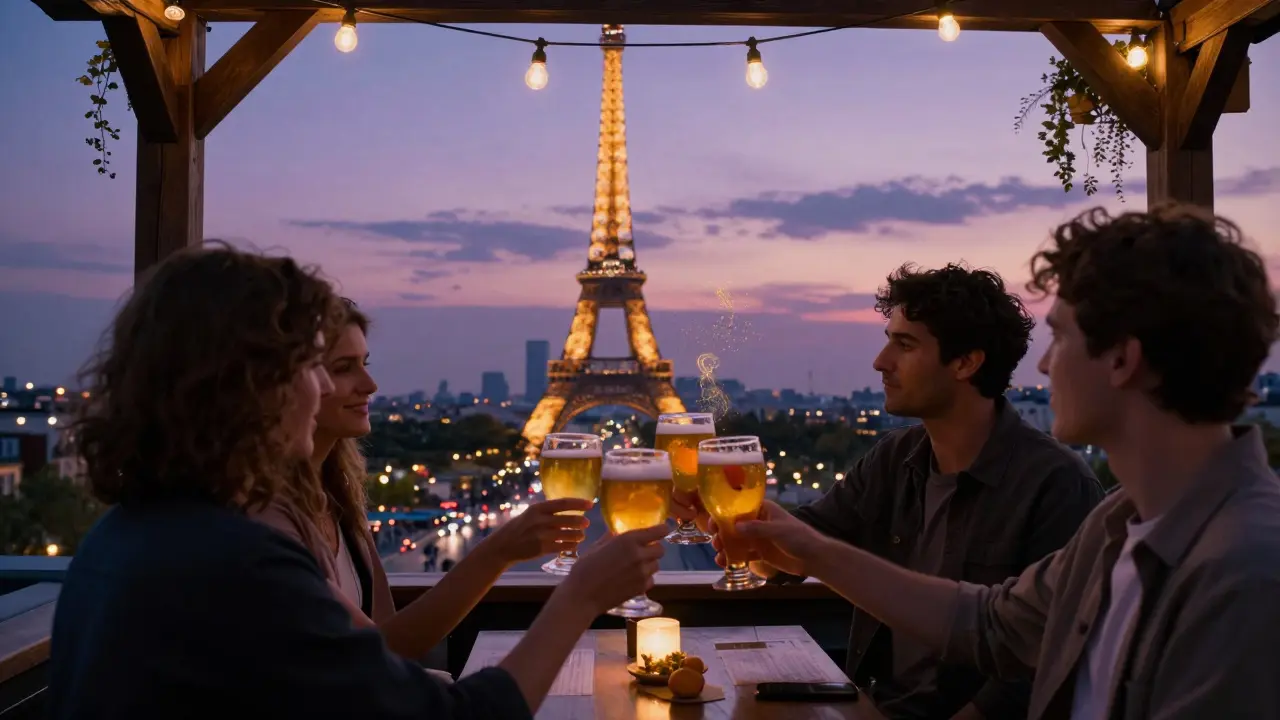 Rooftop beer bar in Paris at dusk with Eiffel Tower in background and friends clinking IPA glasses.