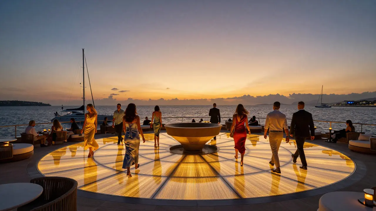 Rooftop crowd strolling on a glowing LED floor as yachts sparkle below at sunset in Monaco.